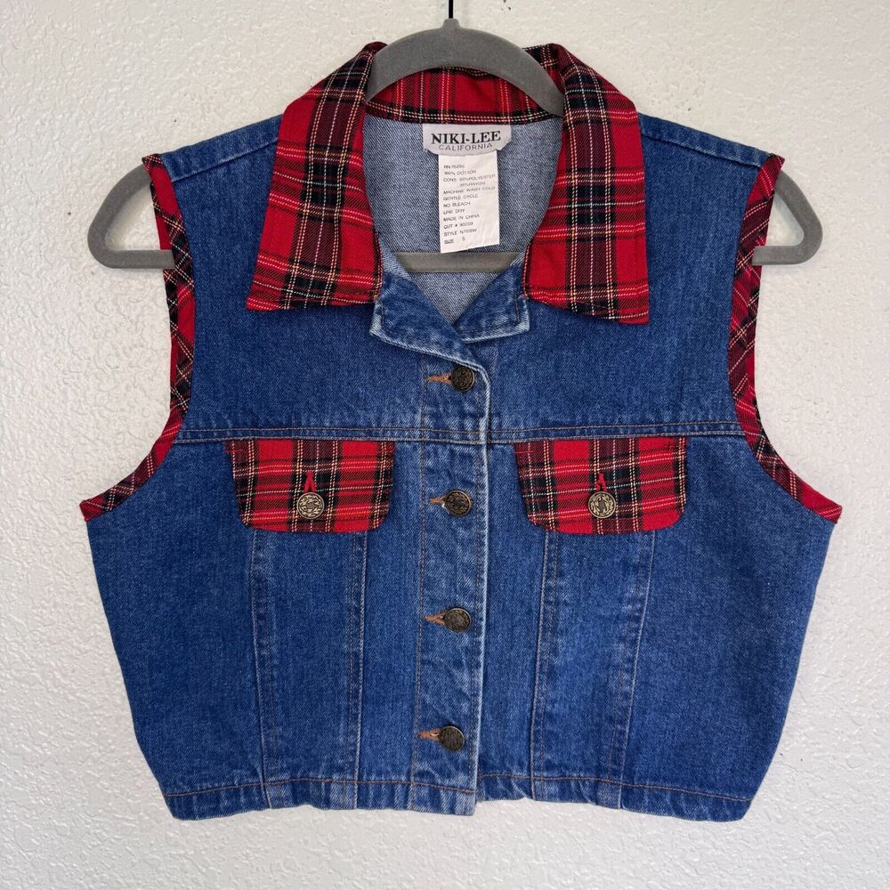 Vintage Denim Vest Women Small Crop Jean Plaid 90s Grunge Western Niki Lee